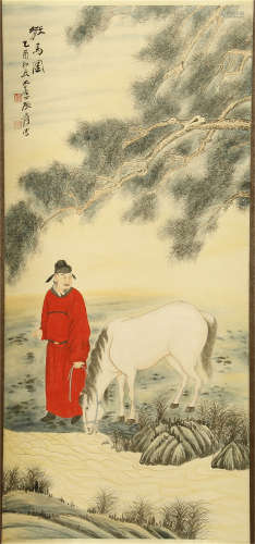 A CHINESE SCROLL PAINTING OF MAN AND HORSE UNDER PINE BY ZHANG DAQIAN