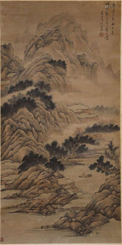 A CHINESE SCROLL PAINTING OF MOUNTIAN VIEWS WITH CALLIGRAPHY BY FA RUOZHEN