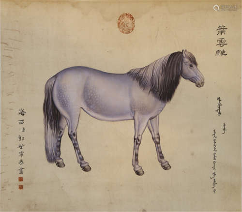 A CHINESE SCROLL PAINTING OF HORSE SIGNED BY LANG SHINING