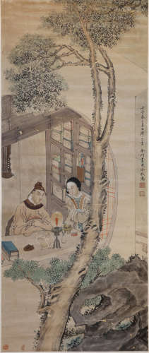 A CHINESE SCROLL PAINTING OF FIGURES AND STORY BY LENG MEI