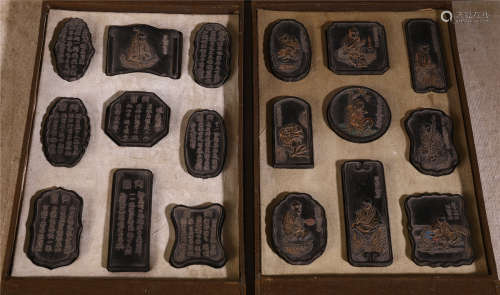 A SET OF CHINESE FIGURES POEM INK PLAQUE IN BOX