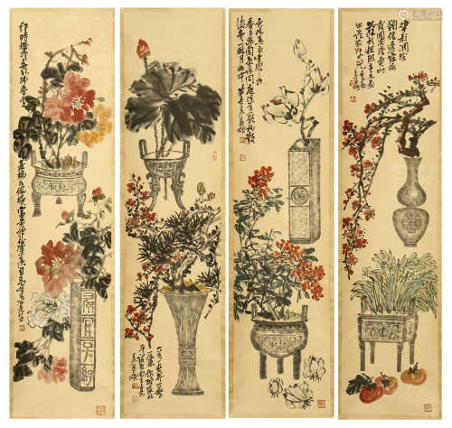 FOUR HANGING PAINTING SCROLLS OF FLOWER WITH CALLIGRAPHY BY WU CHANGSHUO