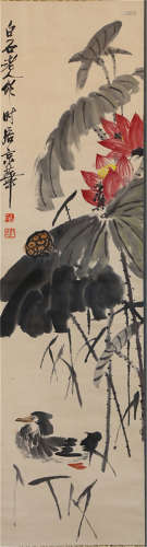 A CHINESE SCROLL PAINTING OF LOTUS BLOSSOMMING SIGNED BY QI BAISHI