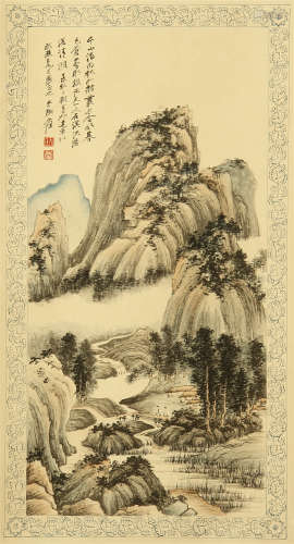 A CHINESE SCROLL PAINTING OF MOUNTIAN WITH CALLIGRAPHY BY ZHANG DAQIAN
