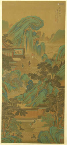 A CHINESE SCROLL PAINTING OF LANDSCAPE SIGNED BY QIU YING