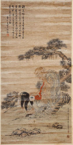 A CHINESE SCROLL PAINTING OF FIGURE AND MONKEY SIGNED BY DING YUNPENG
