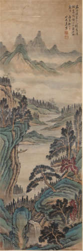 A CHINESE SCROLL PAINTING OF MOUNTIAN WITH CALLIGRAPHY BY WU HONG
