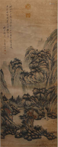 A CHINESE SCROLL PAINTING OF LANDSCAPE WITH CALLIGRAPHY BY XIAO YUNCONG