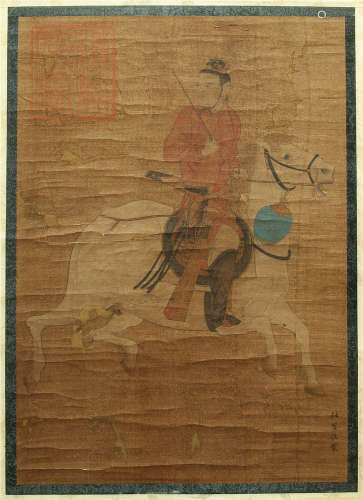 A CHINESE SCROLL PAINTING OF WARRIORS ON HORSE SIGNED BY REN XIANZUO