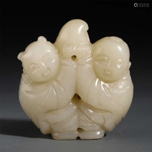 CHINESE ANCIENT JADE CARVED BOYS TABLE ITEM