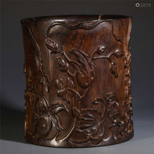 CHINESE ROSEWOOD CARVED FLOWER BRUSHPOT