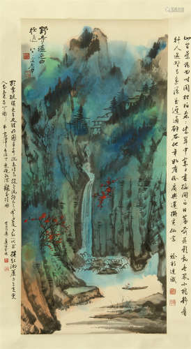 A CHINESE SCROLL PAINTING OF MOUNTAIN WITH CALLIGRAPHY BY ZHANG DAQIAN