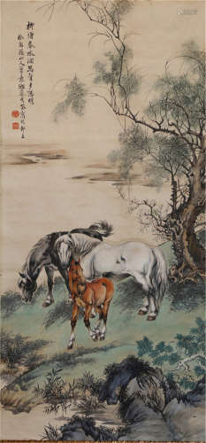 A CHINESE SCROLL PAINTING OF TRIPLE HORSES UNDER THE TREE BY GE QUAN
