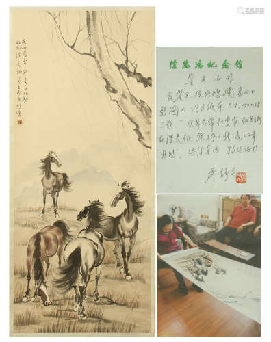 A CHINESE SCROLL PAINTING OF FOUR HORSES UNDER WILLOWS BY XU BEIHONG