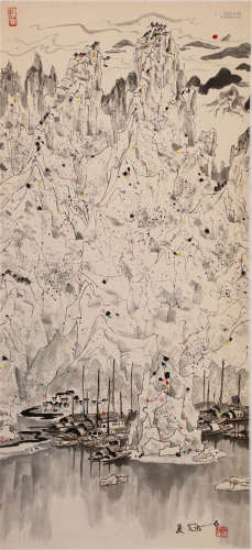 A CHINESE SCROLL PAINTING OF MOUNTAIN BY WU GUANZHONG