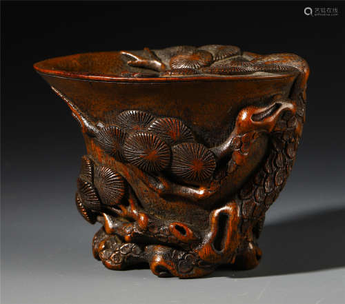 CHINESE ROSEWOOD CARVED FLOWER LIBATION CUP