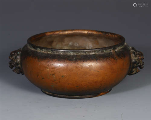 CHINESE ANCIENT BRONZE DOUBLE HANDLD CENSER