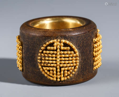 CHINESE ROSEWOOD CARVED INLAID GILT ARCHER'S RING