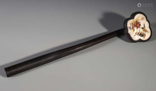 CHINESE ROSEWOOD CARVED GEM INLAID RUYI SCEPTER