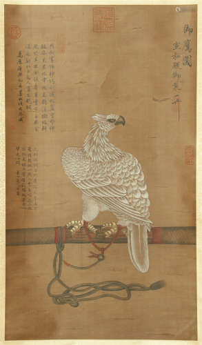 A CHINESE SCROLL PAINTING OF EAGLE ON THE TREE WITH CALLIGRAPHY BY SONG HUIZONG