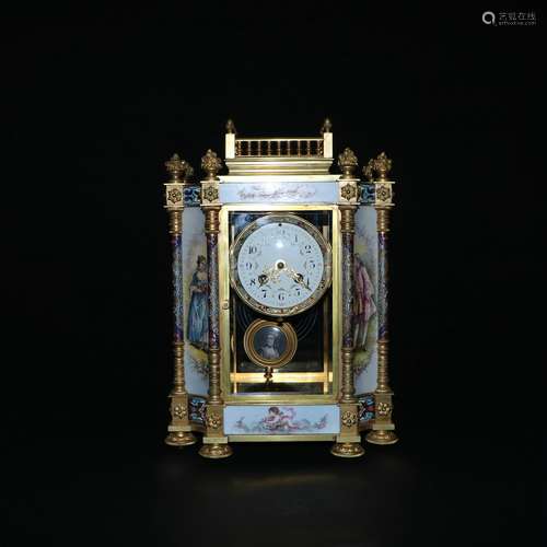 A French Gilt Bronze and Enamel Glazed Porcelain Clock