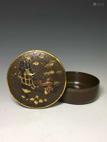 明治時期 熊谷造 金工象嵌羅漢童子圖圓盒