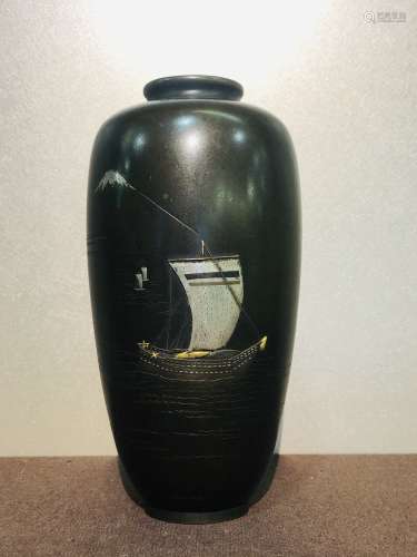 明治時代 銅象嵌富士帆船花瓶