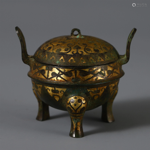 CHINESE ANCIENT BRONZE INLAID GILT TRIP…