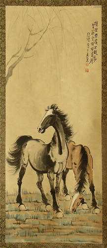 CHINESE SCROLL PAINTING OF TWIN HOR…