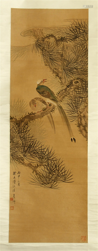 CHINESE PAINTING SCROLL OF TWINS EAGLE…