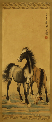 CHINESE SCROLL PAINTING OF TWIN HOR…