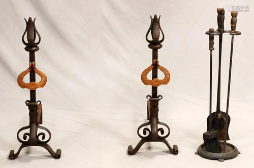 WROUGHT IRON ANDIRONS & FIRE TOOLS…