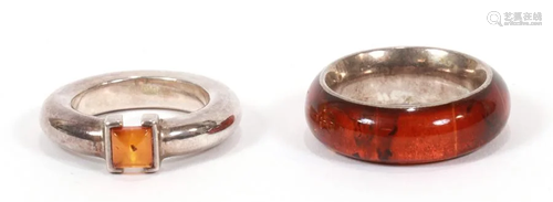 STERLING SILVER & AMBER RINGS, 2 PCS.