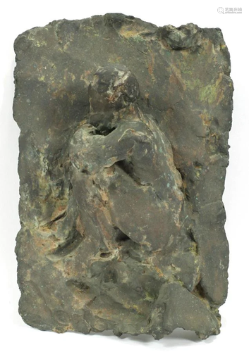 BRONZE PLAQUE OF A SEATED MAN, H 18…