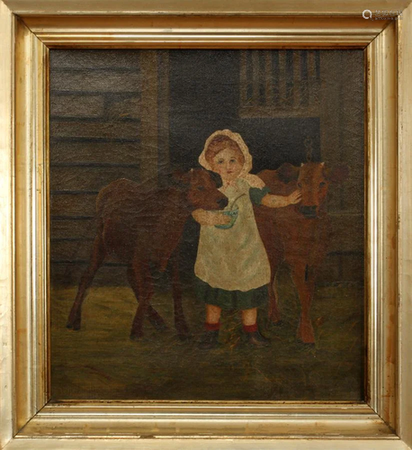 PRIMITIVE OIL ON CANVAS, YOUNG GIRL …