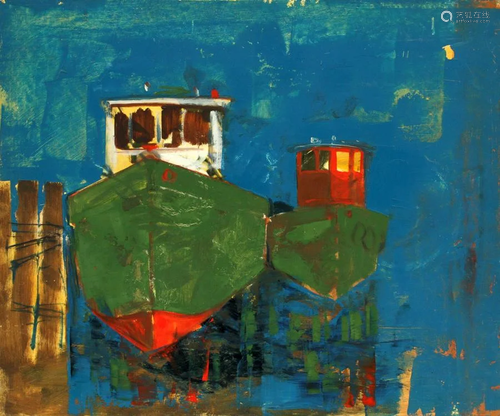 HAROLD COHN OIL ON MASONITE, TUG…