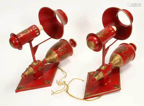 RED & GILT TOLE SCONCES, PAIR, H 15