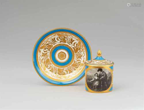 A Vienna porcelain cup and cover with Palemon and LaviniaOf cylindrical form with domed lid and