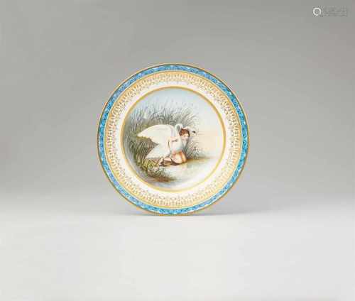 A Vienna porcelain plate with Cupid and two swansShallow dish decorated with a depiction of Cupid