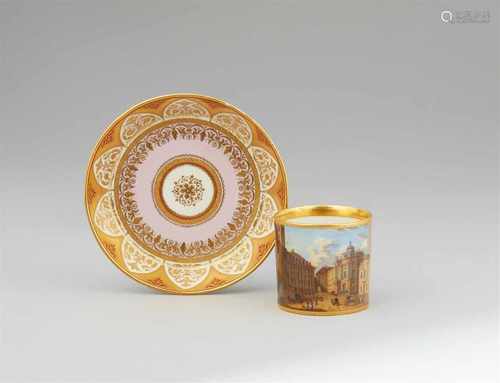 A Vienna porcelain cup with a depiction of MichaelerplatzOf cylindrical form with original saucer.