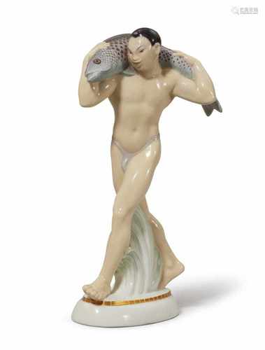 A Berlin KPM porcelain figure of a Japanese man with a fishModel no. 9615. Stamped 