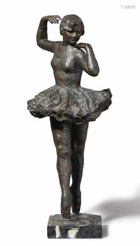 A bronze model of a dancerBronze with slightly worn dark brown to bronze coloured patina on a