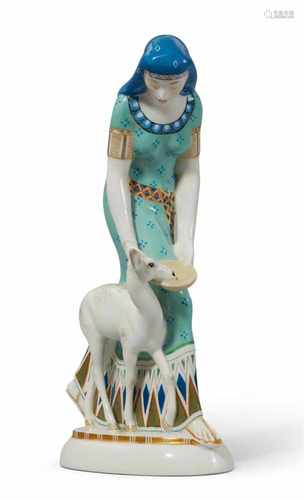 A Berlin KPM porcelain figure of an Egyptian lady with a deerModel no. 9445. Blue sceptre mark,