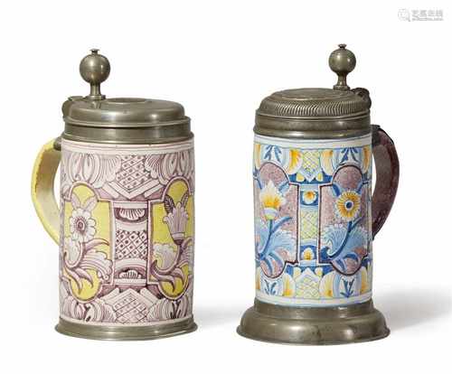 Two pewter-mounted Berlin faience tankards1. Indianische blumen on yellow ground. The pewter