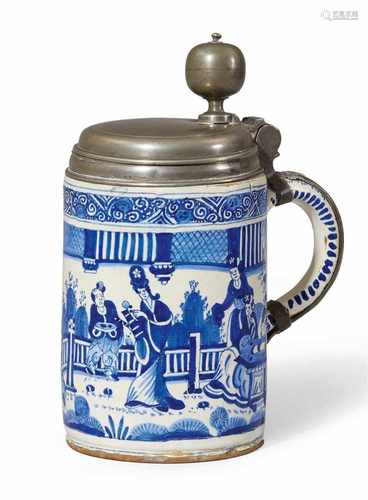 A Berlin faience tankard with Chinoiserie decorDecorated with a delicately painted Chinoiserie