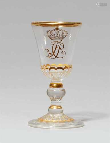 A cut glass goblet made for crown prince FriedrichRound foot with gilt contoured ornament supporting