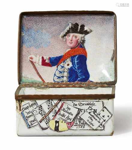 An enamelled snuff box with a portrait of Friedrich IIRectangular polychrome enamelled copper box