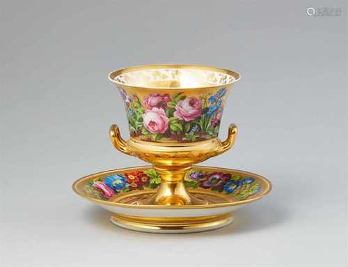 A Vienna porcelain vase and stand with fleurs en terrasseNeoclassical krater-form vase with two