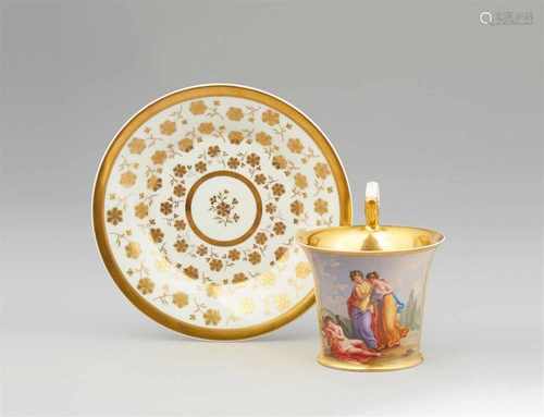 A Vienna porcelain cup and saucer with a motif after Angelika KauffmannBell-shaped cup with tall