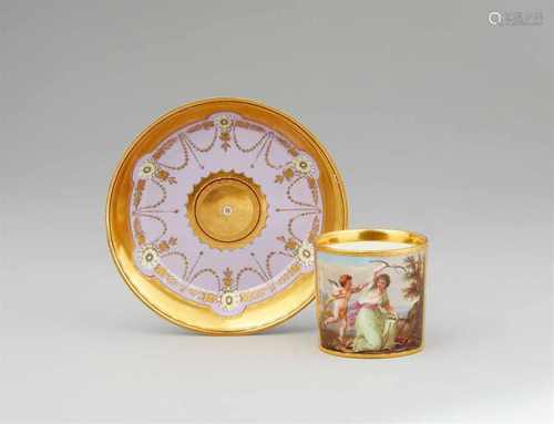 A Vienna porcelain cup and saucer with the disarming of Cupid after Angelika KauffmannOf cylindrical